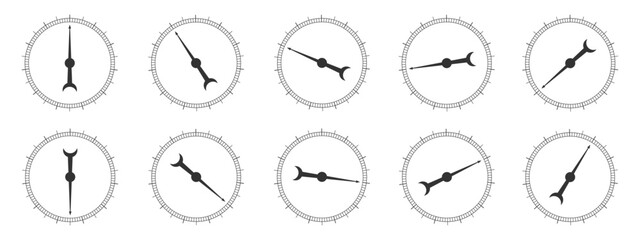 Set of round measuring scales with rotating arrows. Collection of 360 degree of barometer, compass, protractor, circular ruler tool template isolated on white background. Vector graphic illustration