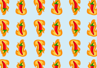 red pepper illustration with orange fire on a blue background