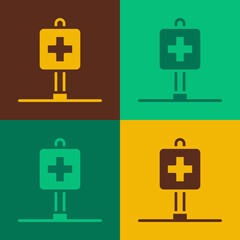Fototapeta premium Pop art Medical map pointer with cross hospital icon isolated on color background. Vector
