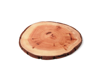 Wooden stand for a dish isolated on a white background. Tree trunk cut for product presentation demonstration