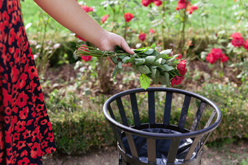 Woman throwing away a bouquet of roses flowers into a trash bin. Rejected love date.