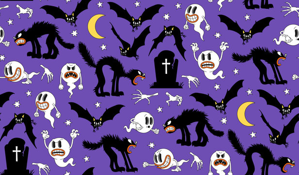 Halloween Seamless Pattern With Ghost, Bat, Tombstone, Black Cat, Skeleton Hand, Moon And Stars On A Purple Background. Vector Illustration In Funny Cartoon Comic Style.