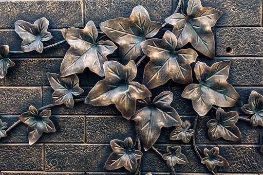 The texture of the wall with forged ivy leaves. Forged metal leaves on the wall background