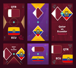 Qatar vs Ecuador Match. World Football 2022 vertical and square banner set for social media. 2022 Football infographic. Group Stage. Vector illustration announcement - obrazy, fototapety, plakaty