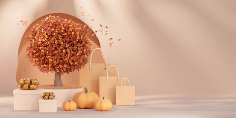 Autumn sale promotion banner template with space for text. Aesthetic background. Tree with red, yellow leaves, orange pumpkins, gifts and shopping bags on the grass. Bright 3d fall illustration.