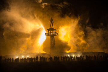 Creative artwork decoration war on Ukraine. Crowd looking on giant explosion and attacking soldiers.