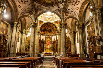 Fototapeta na wymiar Iglesia de San Juan Bautista inside view in Coyoacán area of Mexico city, Mexico