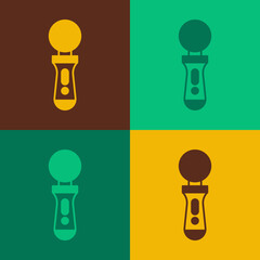 Pop art VR controller game icon isolated on color background. Virtual reality experience, sensation of presence, position-tracking technology device. Vector