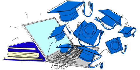 Flying student hats from a laptop in one line with colored silhouettes on a white background. Vector concept of online learning with the completion of courses on the Internet. Fast course completion.