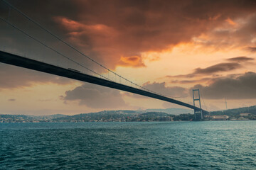 Istanbul Bosphorus on sunrise. Istanbul Bosphorus Bridge (15 July Martyrs Bridge. Turkish: 15...