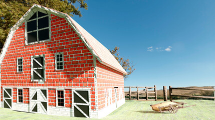 Farm house in an open prairie field at noon. Country life concept. 3d illustration.