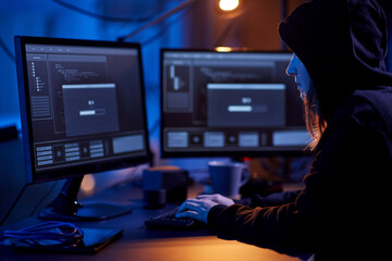 cybercrime, hacking and technology concept - female hacker in dark room writing code or using...