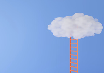 3D rendering of ladder rising to sky with white cloud on blue background with copy space.