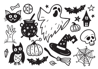 Halloween Drawings vector set of design elements. Set of hand drawn doodle. Pumpkin, ghost, web