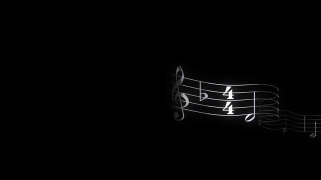 Music Background: Shiny musical notes flowing on a 3d black background, 4k seamless animation