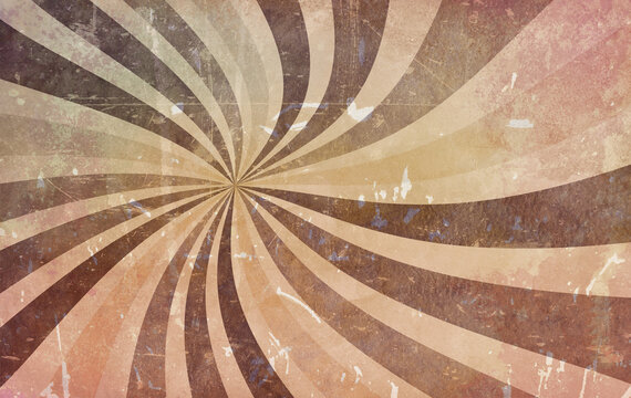 Retro sunburst background in groovy hippy design, old vintage grunge texture on sepia brown beige and yellow earthy colors, striped pattern, swirl spiral starburst