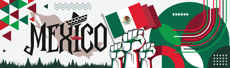 Mexico National day banner with retro abstract geometric shapes. Mexico flag and map. Red green Mexican colors scheme with raised hands or fists. Mexico Vector Illustration.