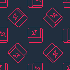 Red line Book about electricity icon isolated seamless pattern on black background. Vector