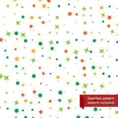 Colorful abstract seamless pattern with cute orange and green stars on white background. Confetti celebratory wrapping paper, background. Vector illustration.