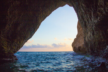 Beautiful sea view through the Pigeon Rocks on the promenade in the center of Beirut, Lebanon