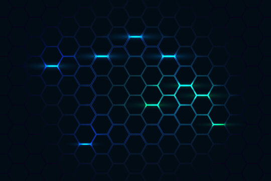Dark hexagon abstract technology background with blue and green colored bright flashes under hexagon. Hexagonal gaming vector abstract tech background.