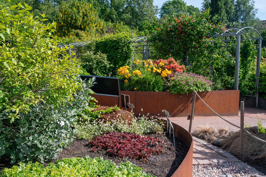 Idyllic  bright flower bed  with rhododendron and other plants   in Helsinki Kaisaniemi Botanical Garden