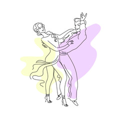 Latin Ballroom dancers. Professional dancing couple. Salsa, samba. One line drawing. Hand drawn. Vector black and white illustration with color splashes.