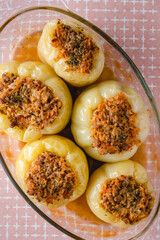 stuffed paprika bell peppers with minced meat and rice baked