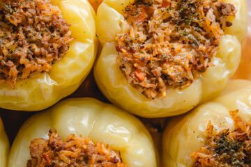 stuffed paprika bell peppers with minced meat and rice baked
