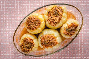stuffed paprika bell peppers with minced meat and rice baked