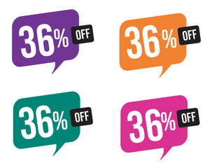 36 percent discount. purple, orange, green and pink balloons for promotions and offers. Vector Illustration on white background.