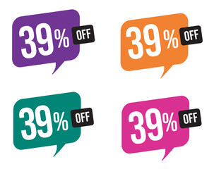  39 percent discount. purple, orange, green and pink balloons for promotions and offers. Vector Illustration on white background.