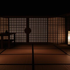 Japanese Style Tatami Room at Night