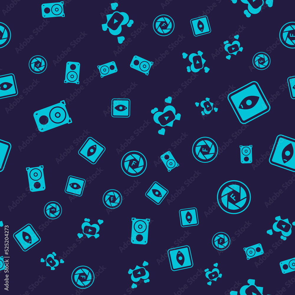 Poster set stereo speaker, rating movie, romantic and camera shutter on seamless pattern. vector