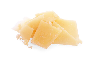Pile of parmesan cheese pieces on white background