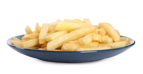 Plate with delicious french fries on white background