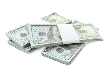Bundles of dollar banknotes isolated on white. American national currency