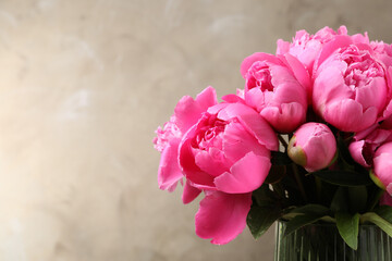 Beautiful peony bouquet in vase on grey background. Space for text © New Africa