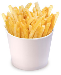 French fries in paper bucket isolated on white background, French fries on white With clipping path.