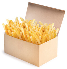 French fries in paper bucket isolated on white background, French fries on white With clipping path.