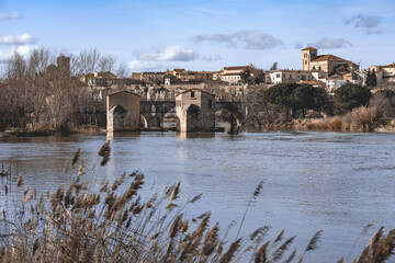 View of the city of Zamora with Duero river and watermills and the San Pedro Church in the...