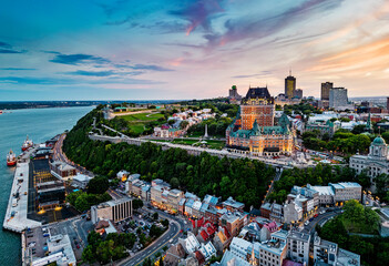 Fototapeta premium Quebec City at blue hour, aerial view