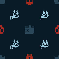 Set Skull, Wallet and Hand holding fire on seamless pattern. Vector