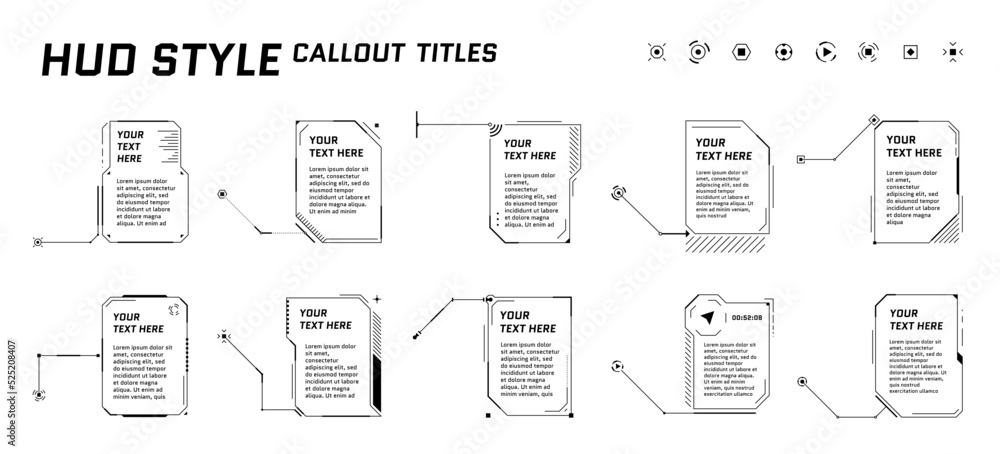 Poster hud futuristic style callout titles on white background. infographic call arrow box bars and modern 