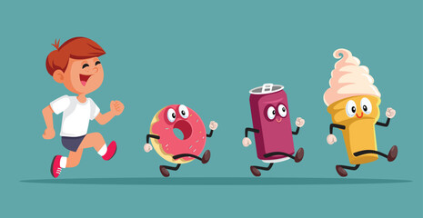 Hungry Boy Running After Delicious Treats Vector Cartoon Illustration. Child chasing unhealthy treats full of sugar and calories
