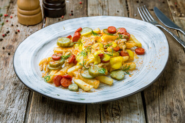 French fries with cheese sauce, sausages and pickled cucumbers on wooden table