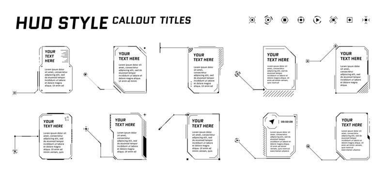 HUD futuristic style callout titles on white background. Infographic call arrow box bars and modern digital info vertical frame layout templates. Interface FUI and GUI element set. Vector illustration