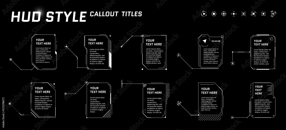 Poster hud futuristic style callout titles on black background. infographic call arrow box bars and modern 