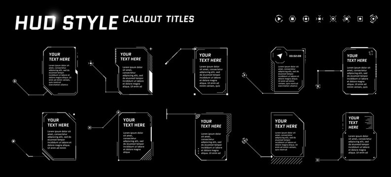 HUD futuristic style callout titles on black background. Infographic call arrow box bars and modern digital info vertical frame layout templates. Interface FUI and GUI element set. Vector illustration