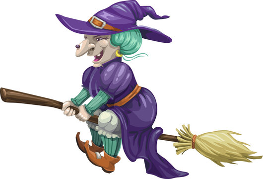Old witch on broomstick icon, Halloween